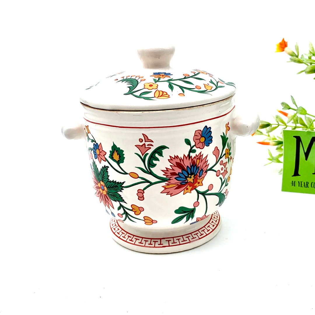 Beautiful Ceramic Jar With Lid and Handles Asian Inspired Exotic Floral