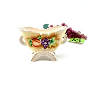 Beautiful Porcelain Jardiniere with Embossed Fruit Two Handles Scalloped Edge Rainbow Shaped Legs N7099 G 75 My40YearCollection