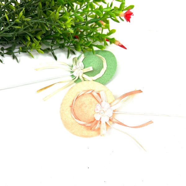 Precious Vintage Pair of Easter Bonnet Hat Picks - Peach and Green with Pearl and Silk Ribbon - Flower Arranging - My40YearCollection