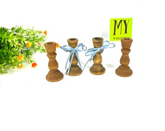 Vintage Wooden Candleholders: 3" Unfinished Wood, Blue Ribbon Decor