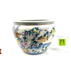 Vintage Chinese Porcelain Fishbowl Jardiniere - Floral Motif Koi Fish Large Planter - My40YearCollection