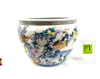 Vintage Chinese Porcelain Fishbowl Jardiniere - Floral Motif Koi Fish Large Planter - My40YearCollection