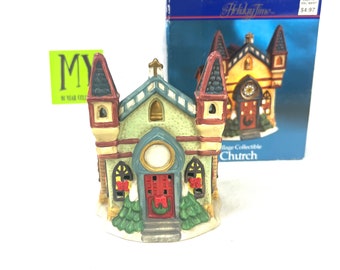 Vintage Christmas Village - Holiday Time - Lighted Church with Box - Handpainted Porcelain - Christmas Decor - My40yearCollection