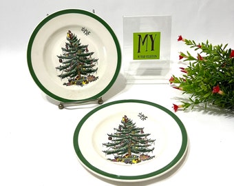Vintage Spode Christmas Tree Bread Plates - Green Trim (Set of 2)