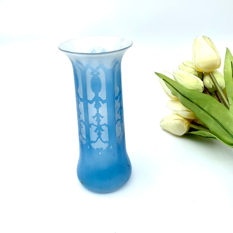 Vintage Light Blue Glass Cylinder Shape Vase Etched Pattern Glass Vase with Beige Faux Tulip Bunch Shabby Chic Decor