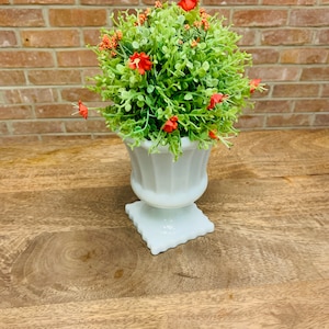Vintage Grecian Style Milk Glass Pedestal Planter Scalloped Edge Urn Square Base Vase