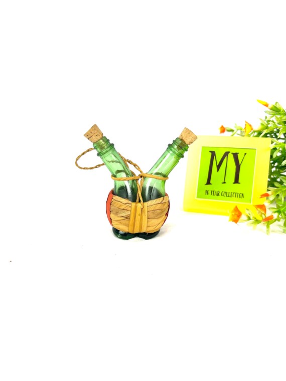 Vintage Green Glass Cruet: Wicker Base Oil and Vinegar Dispenser