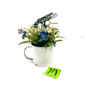 Vintage Upcycled Floral Arrangement Vintage Rustic White Enamel Cup Purple Blue Flowers Green Metal Grasshopper My40YearCollection