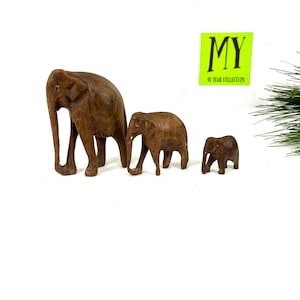 Vintage Elephant Family Figurines - Hand Carved Wooden Elephants - African Wooden Elephants - Safari Decor - My40YearCollection