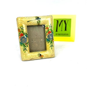 Vintage Tabletop Wooden Picture Frame - Yellow Snakeskin - Floral and Bird Picture Frame - Boho Decor Accent - My40YearCollection
