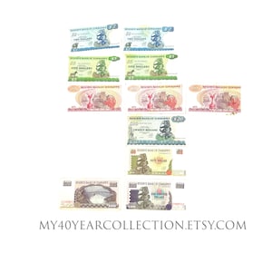 Vintage Paper Money - Discontinued Currency - Zimbabwe Dollars 2, 5, 10, 20, 50, 100 and 1000 Notes - My40YearCollection
