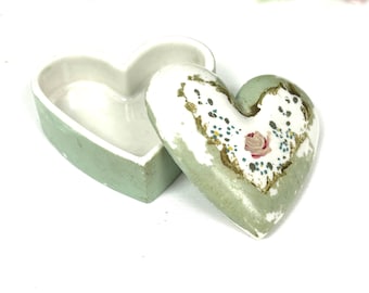 Vintage Ceramic Heart Trinket Dish: Distressed Floral Shabby Chic Decor