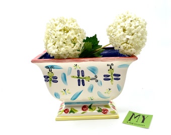 Hand Painted Dragonfly Footed Planter: Shabby Chic Decor