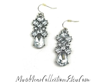Vintage Rhinestone Dangle Earrings: Clear Crystal Cluster, Hollywood Regency