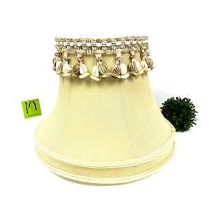 Vintage Bell Dome Lamp Shade = Cream Fabric Brown and Cream Tassel - Tapered off at Bottom - 10.5&quot; Tall Lamp Shade - My40YearCollection
