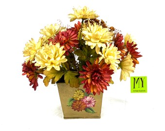 Vintage Flower Arrangement - Faux Chrysanthemums - Gold Enamel Painted Pot - Fall Arrangement - Table Centerpiece - My40YearCollection