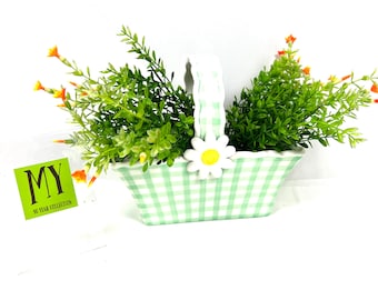 Vintage Teleflora Ceramic Basket: Green Gingham Daisy Pottery, Easter Decor