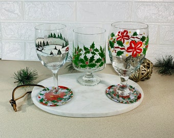Vintage Hand-Painted Christmas Glasses: Holiday Wine Glass Set