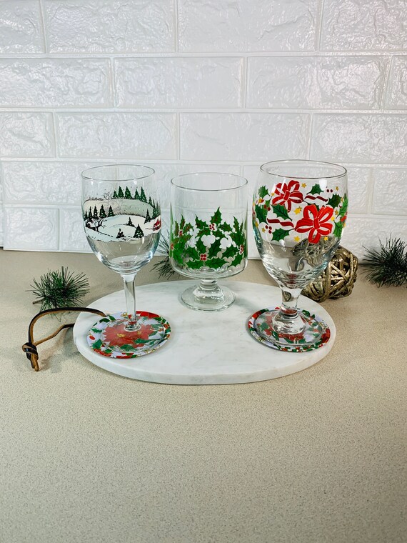Vintage Hand-painted Christmas Glasses: Holiday Wine Glass Set - Etsy