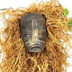 Old African Tribal Mask Wall Decor Wooden Hand Carved Mask with Straw/Grass Hair My40YearCollection
