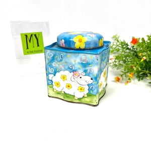 Precious Vintage Blue Square Tin Box with Round Lid - Lamb with Flowers - Nursery Decor Tin Container My40YearCollection