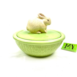 Precious Vintage Hallmark Bunny Dish with Lid Green Ceramic Basket Weave Dish Candy Dish Bunny Decor My40YearCollection