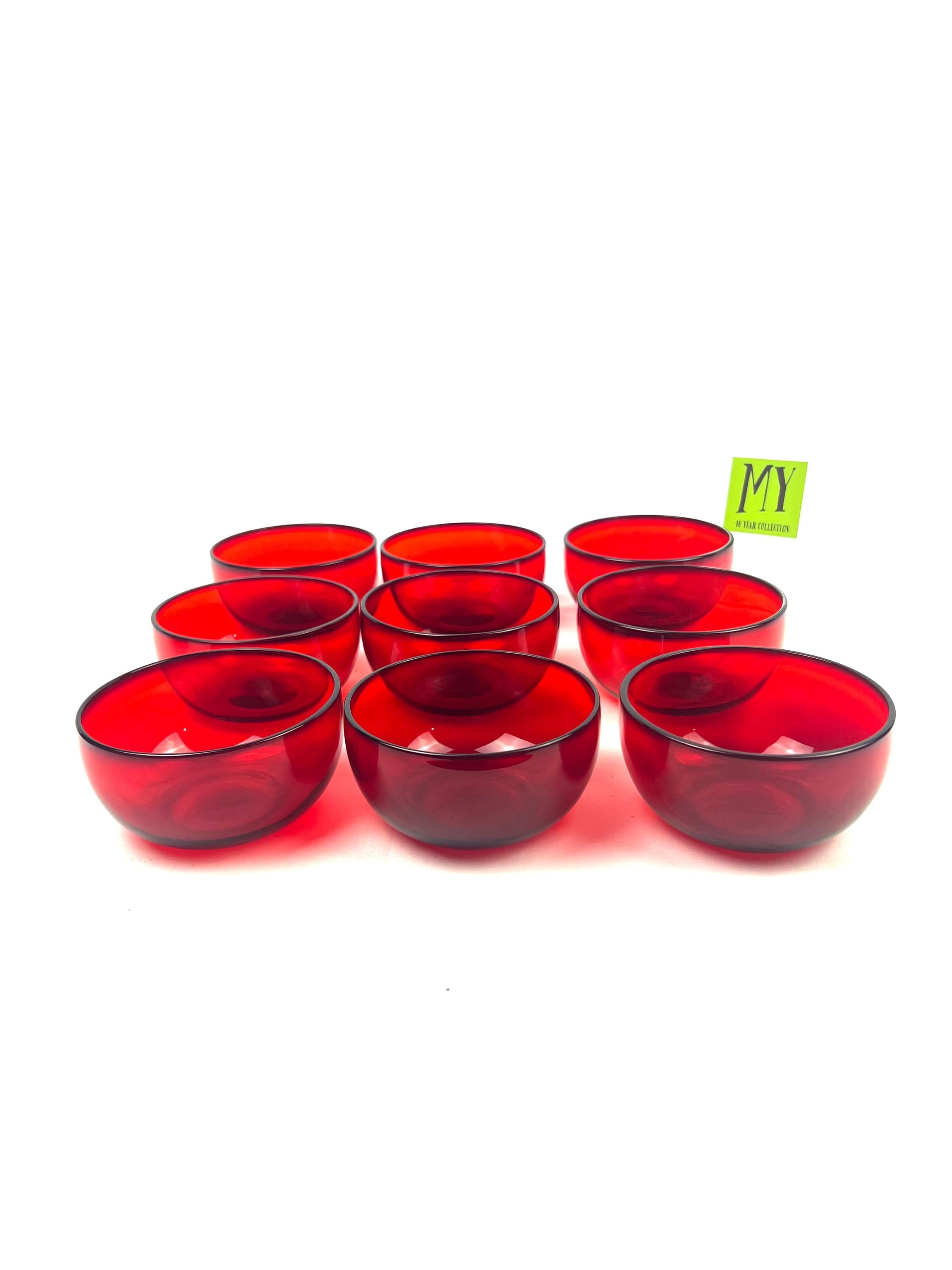 Grand Saladier En Verre Transparent Et Rouge - 25 Cm Diamètre - Art De La Table - Occasion