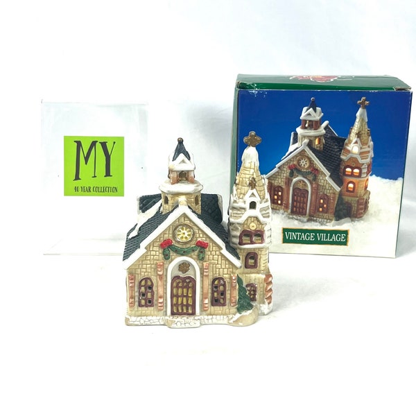 Vintage Christmas Village - Vintage Village - Lighted Two Tower Church - Handpainted Porcelain - Christmas Decor - My40yearCollection