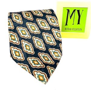 Vintage Rudia Hand Made Tie - Dark Blue Beige Orange Green Paisley Geometric Pattern Preppy Tie - My40YearCollection