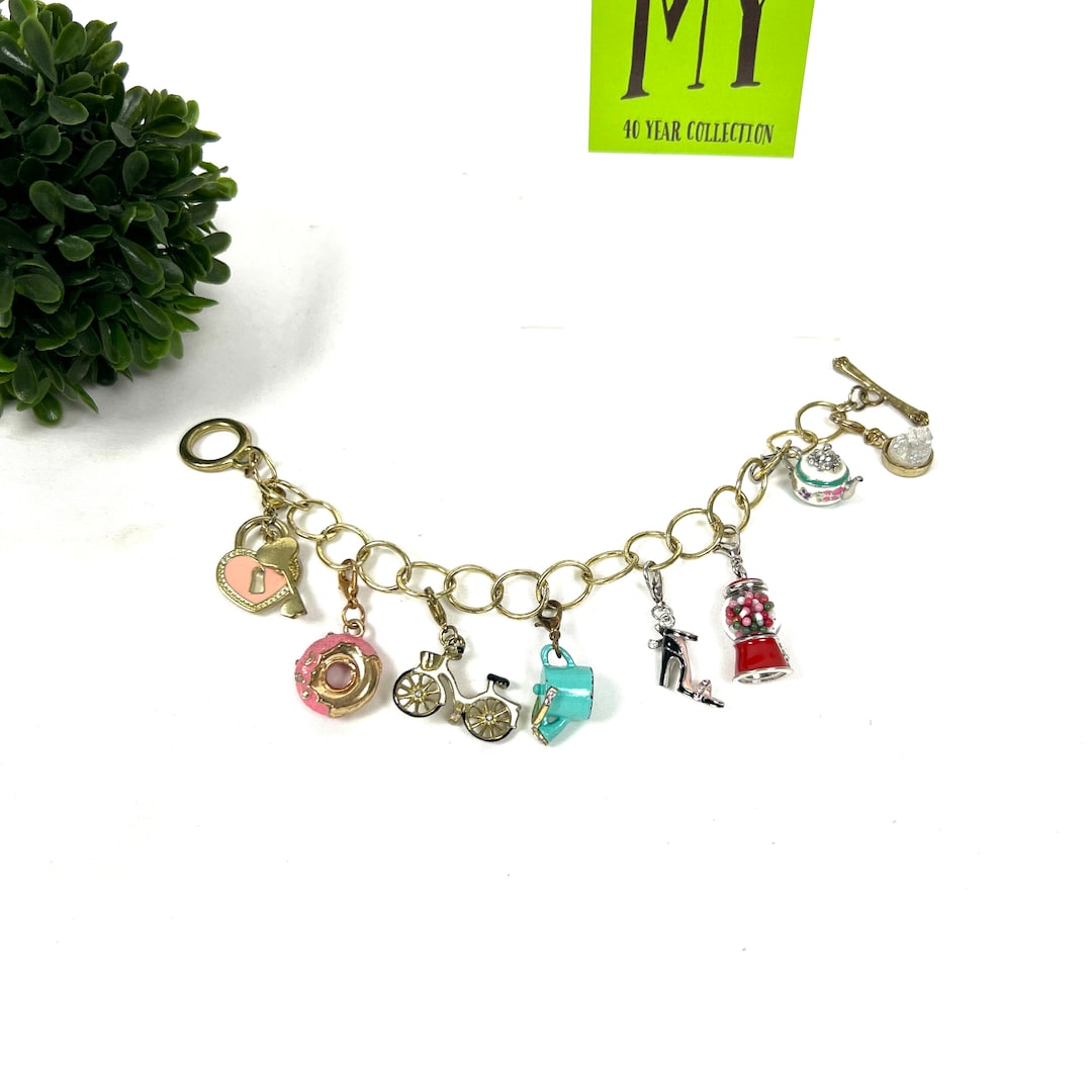 Wonderful Vintage Charm Bracelet Heart Lock Key, Bicycle, Dougnut, Pink