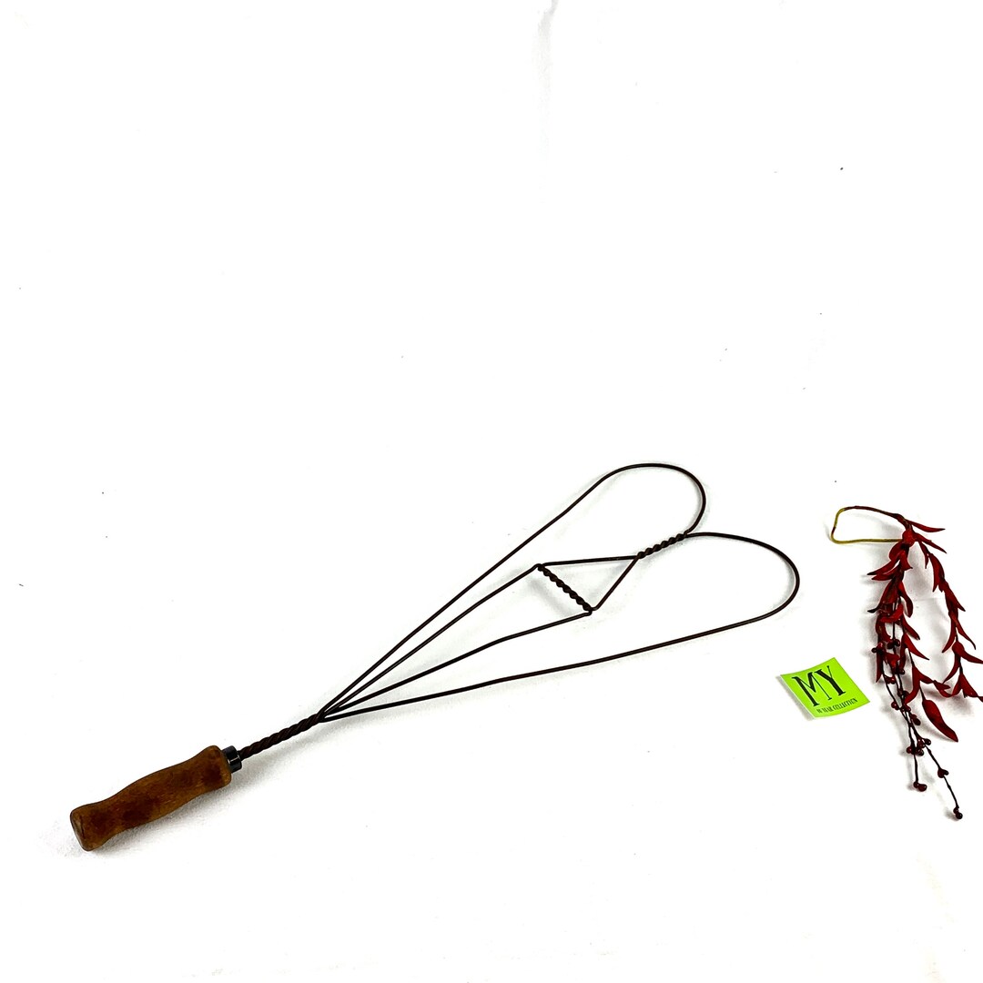 Antique Large Wrought Iron Heart Shaped Rug Beater With Wooden Handle