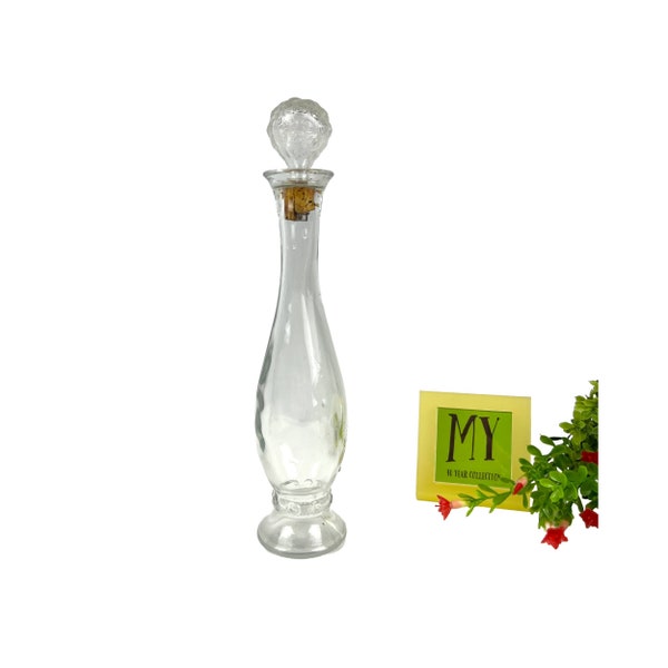 Vintage Clear Glass Decanter - Skinny Tall Clear Rosebud motif Decanter with Cork and glass Stopper - My40YearCollection