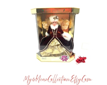1996 Happy Holidays Barbie Special Edition Burgundy Gold Gown Collectible Doll New Box