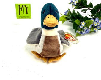 Ty Beanie Baby Jake Mallard Duck 1997 Peluche da collezione ritirato dal mercato con protezione per etichetta
