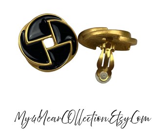 Vintage Black & Gold Clip On Earrings: Couture Stacked Round Earrings
