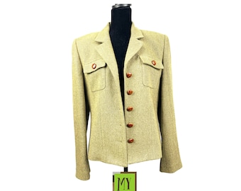 Vintage Tweed Blazer: CHAUS Sport Army Green Preppy Jacket (Size 8)
