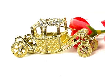 Vintage Brooch - AJC Gold Tone Old Car Brooch with Clear Rhinestones - My40YearCollection