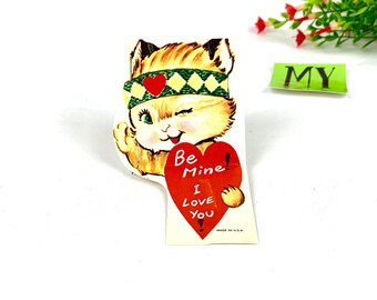 Vintage 1950s Valentine Card: Anthropomorphic Cat with Bandana - Made in USA