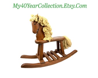 Vintage Rocking Horse - Solid Wood Rocking Horse Handles Wool Mane Tail - Leather Ears - Amish Build Solid Oak - My40YearCollection