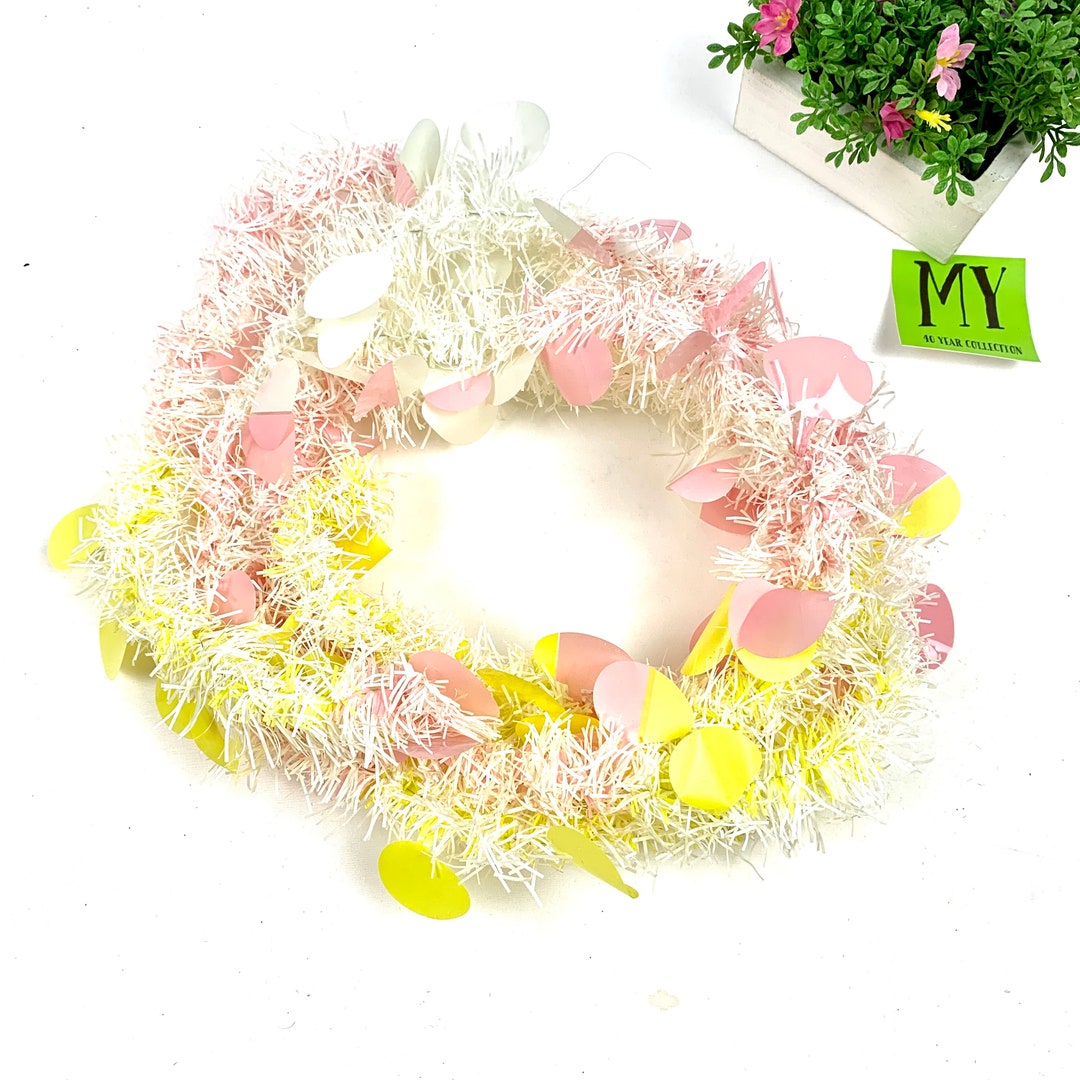Vintage White Plastic Tinsel Easter Garland With Pink Yellow White Eggs