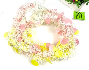 Vintage White Plastic Tinsel Easter Garland with Pink Yellow White Eggs Easter Decor Retro Garland