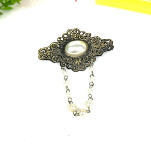 Vintage Victorian Brooch: Antique Bronze Filigree, Faux Pearl Dangle