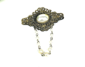 Vintage Victorian Brooch: Antique Bronze Filigree, Faux Pearl Dangle