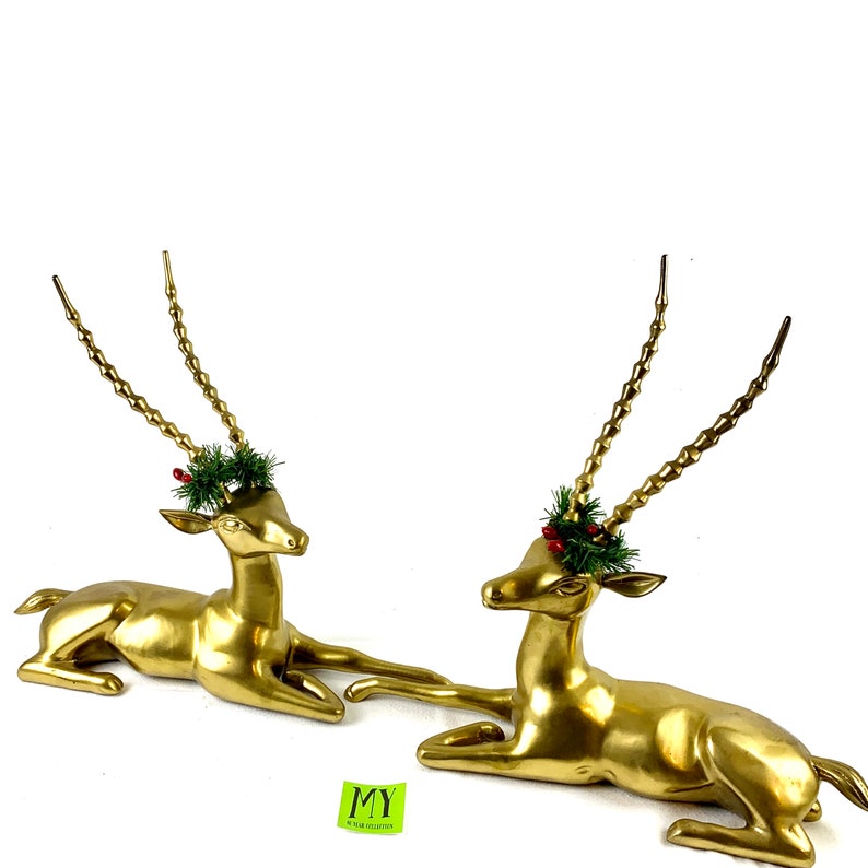 Vintage Pair of Solid Brass Resting Deer Statues Christmas Etsy