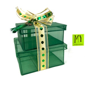 Two Vintage Gift Boxes - Green Sheer Covered Nesting Boxes - Mesh Storage Containers - Green Decor - Christmas Decor - My40YearCollection