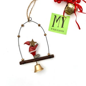Vintage Santa Ornament: Handmade Wood Branch Jingle Bell Christmas Decor