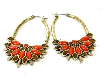 Vintage Tribal Brass Earrings: Orange Coral Cluster Design