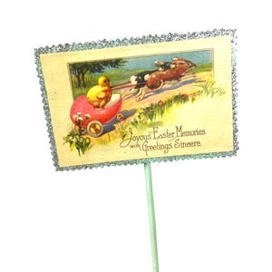 Antique Easter postcard mounted as a decorative flower pick with chick and rabbits.