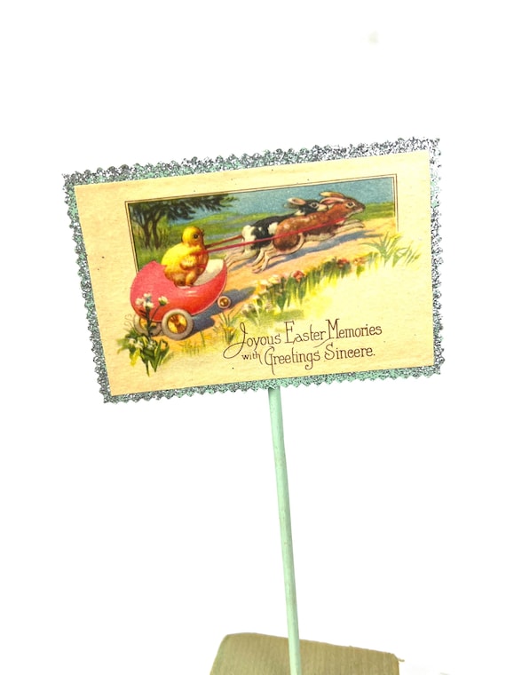 Antique Easter Postcard Upcycled Flower Pick Chick Rabbit Decor