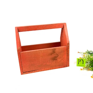 Vintage Handmade Wood Tool Tote - Handpainted Coral - Deep Tool Box Carrier - Storage Bin - Rustic Farmhouse Decor - My40YearCollection
